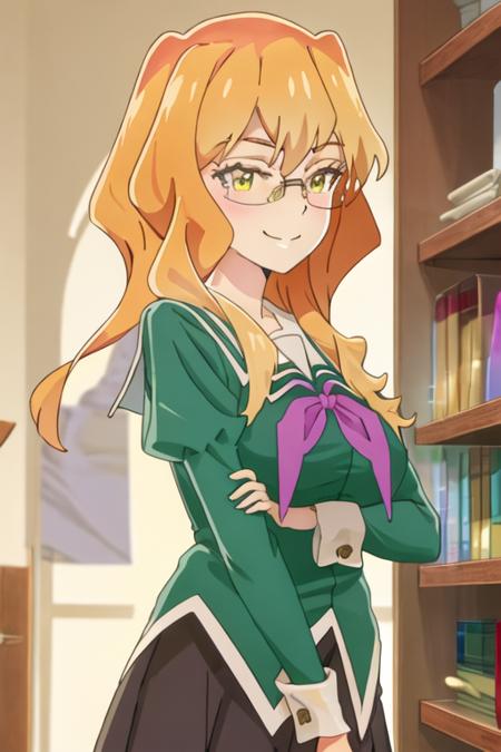 best quality, masterpiece, highres, solo, {chibana_sumika_watashinoyuriwaoshigotodesu:1.15}, long_hair, blonde_hair, glasses, green_eyes, smile, 1girl, indoors, school_uniform, yellow_eyes, closed_mouth, parody