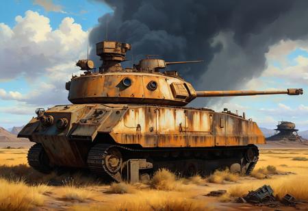 ((oil painting)), bobsemple big tank, wasteland tank covered in rust, a heavy anti-aircraft machine gun on a massive turret, side view, retro-futuristic big tank, in deserted field, ((socialist realism)), wasteland desert, falloutlandsdxl, landscape, best quality, masterpiece, ruined city, nuclear explosion, black clouds of smoke,