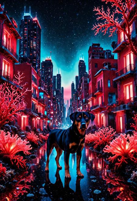 masterpiece, best quality, very aesthetic, absurdres,(score_9, score_8_up, score_7_up), createconcept, addmicrodetails, epic background, nightsky cityscape landscapes with colorful red corals buildings, a (dog) covered in red corals, glowing eyes, vivid eye color, (beautiful eyes:1.2), (gradient iris, crisp iris edges), confident pose, action dynamic pose, lazypos