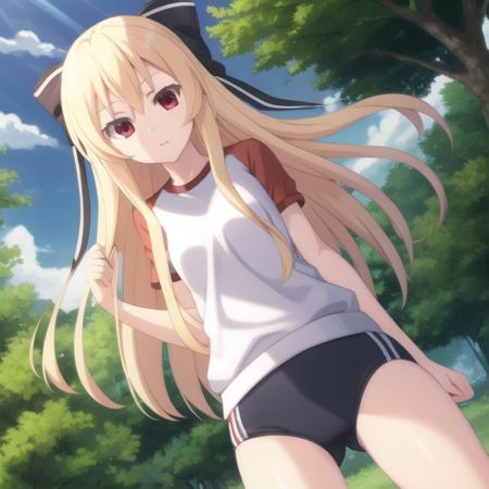 mondaiji-leticia, gym clothes, bow, blonde hair, long hair, hair between eyes, red eyes, full body, solo, 1girl, outdoors <lora:mondaiji-leticia:0.4>