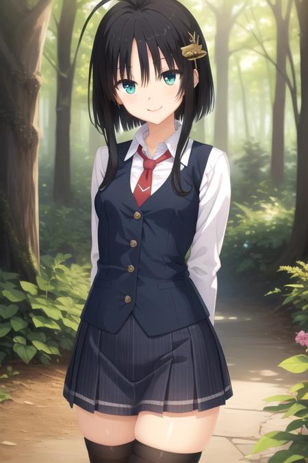 Hitachi Mako ahoge,long hair,black hair,short hair with long locks,hair intakes,hair ornament,bangs,green eyes collarbone,blue vest,button,white shirt,collared shirt,red necktie,long sleeves,medium breasts,arms behind back,blue skirt,thigh strap,white thighhighs,loafers