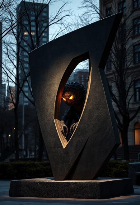 abstract sculpture, hidden monster, surreal urban setting, abstract form with sharp edges, mysterious shadow, monster blends into the sculpture, only recognizable in shadow, dynamic lighting, high contrast shadows, subtle movement, surreal proportions, dark and eerie atmosphere, detailed textures, intricate stone and metal design, urban park at dusk, glowing eyes peeking through the sculpture, shifting form as you pass by, haunting presence, humanoid monster, stone-like appearance, cryptic symbols etched into the surface, blending seamlessly with the environment, fantasy realism, eerie glow, hidden details, enigmatic design