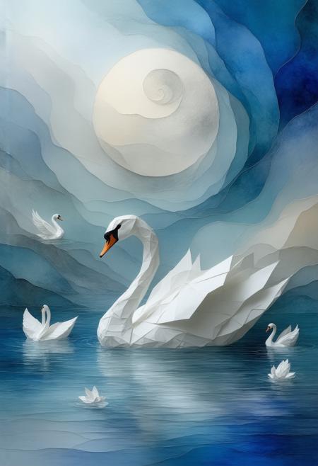 A breathtaking depiction of swans, interwoven with a delicate origami swan and a traditional yin-yang symbol, rendered as a mesmerizing stained-glass Cubist spectacle. The swans, both hyper-realistic and fragmented, are integrated with the origami swan and the yin-yang symbol, creating a rich tapestry of symbolism and form. Multiple perspectives converge: a panoramic view showcasing the swans gliding across a serene lake, a close-up emphasizing the intricate folds of the origami swan, and a symbolic representation of balance and harmony through the yin-yang symbol. Bold black outlines define the geometric forms, creating a dramatic contrast against a palette of serene blues, pristine whites, and subtle greys, mimicking the interplay of light and shadow on water. Subtle photorealistic textures â the softness of feathers, the crispness of origami paper â are delicately incorporated within the abstract geometry. A soft, light-shaded glow emanates from within the stained-glass elements, symbolizing peace, tranquility, and the interconnectedness of all things. Ultra detailed, 8k resolution, volumetric lighting, octane render, visually stunning and deeply meaningful composition.