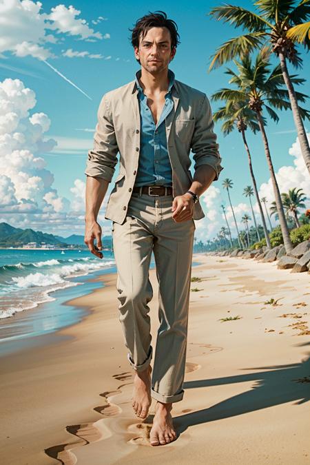 ((ultra detailed, masterpiece, best quality))
 <lora:CyberMitch:0.7>
CyberMitch, 1boy, solo, mechanical arms, On a sandy beach with a sophisticated twist, linen suit with an unbuttoned shirt, ocean waves and palm trees, walking barefoot in the sand