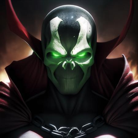 spawn, solo, skull, red cape, male focus, chain, glowing eyes, glowing, looking at viewer, portrait, green eyes, no humans, intricate details, masterpiece, absurdres, best quality <lora:spawn:0.9>