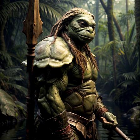 highly detailed  movie still of a (tortle:1.2) standing in a jungle wielding a spear and shield,

tortle, solo, dreadlocks, smiling, holding, weapon, holding weapon, armor, blurry, depth of field, blurry background, polearm, spear, realistic, holding polearm, chainmail

realistic:1.1, depth of field, blurry, blurry background,

in a swamp,

photorealistic,
ultra photoreal,
32k, natural light,
sunbeams,







