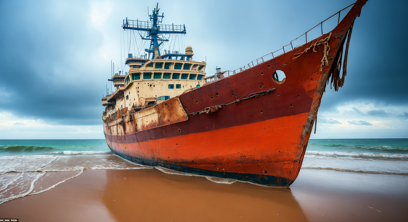 masterpiece, best quality, intricate detail, rayleigh scattering, a ship lies broken and forlorn on a beach under a brooding sky, overcast, misty, subdued tones, rainy, gulls