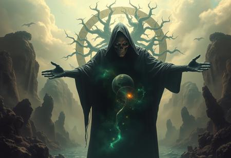 A universe inside a dark cloaked figure within mysterious landscape in an unfathomable realm of fantastic creation inhabited by ancient shadows of a forgotten time beyond the gate of the gateless gate where life is limitless, light is shadow and shadow is light, eerie sense, horror, spark of the beginning, existence and nonexistence at once, ethereal, outstretched arms, behold the end of the beginning, inglorious glory to the dark one, betrayal of the ancient order, beware the 7headed beast, destroyer of the old ways, bearer of the unbearable, nightmarish, archaic runes, tree aging backwards, breath of the gods, ruins of a place unimagined, extreme intricate detail, photorealistic, beyond epic scene, fate discarded, unseeable face of god, the end is the beginning, the beginning is the end, man arises as god dies, as above so below, as below so above, emerald tablet, thoth, guardian and saboteur of existence, hopeless hope, ghosts of the unborn, conception of the inconceivable, cosmic well of imperceptible perception, evil aura, infinite emptiness, pillars of void, overwhelming subtlety, abstract sacred geometry, beams of readiness without intention, gift of doom, despair of the ages, hidden secret warnings from dead gods, carved by the conductor of unholy loneliness of time incarnate, consumed by the night itself, beautiful tragedy of hellish discovery, unraveling mist of unreal reality, ungodly seductive repulsion, proclaim the nameless name of collapsed eternity