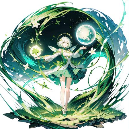 <lora:GachaSplashVFairY:0.6>,(white background:1.5), wide view, wide angle, 1girl, solo, breasts, short hair, full body, green circle, fairy, fantasy, magic, green leafs, dome, standing on surface,