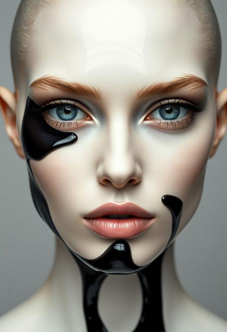 The highest artistic achievement, modern simplicity, futurism, visual impact, stunning image, simple image, coordinated colors, front view, bright lighting, surrealism, fantasy world, fantasy style, artistic close-up of a female supermodel in glossy ceramic material (((no makeup))) (((bald))), deep eyes, perfectly symmetrical beautiful face, pushed out from silky black oil, the black oil on the face creates a contrast with the delicate white ceramic,