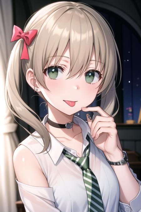 masterpiece, best quality, <lora:MakaAlbarn035-20:1> ,

MakaAlbarn, 1girl, solo, twintails, tongue, tongue out, necktie, shirt, upper body, white shirt, blush, green necktie, choker, bracelet, bedroom , bow, hair bow, looking at viewer, striped, jewelry, hand up, off shoulder, :p, akanbe, light brown hair, striped necktie, collarbone, collared shirt