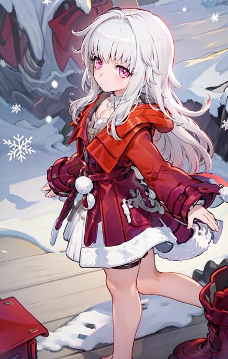 (best quality:1.3),(masterpiece:1.3),(illustration:1.3),(ultra-detailed:1.3),(imid shot:0.9),

1girl, solo, red jacket, sleeves past wrists, long hair,  barefoot, long sleeves, simple background, full body, coat, grey hair, looking at viewer, thigh strap

very young,upper body,short neck,small breasts,


from side,from below,close-up,


pink eyes,jewel-like eyes,extremely detailed eyes,extremely detailed face,(seductive smile:0.8),(open mouth:0.3), 

snowflakes, snow, forest, wooden floor,