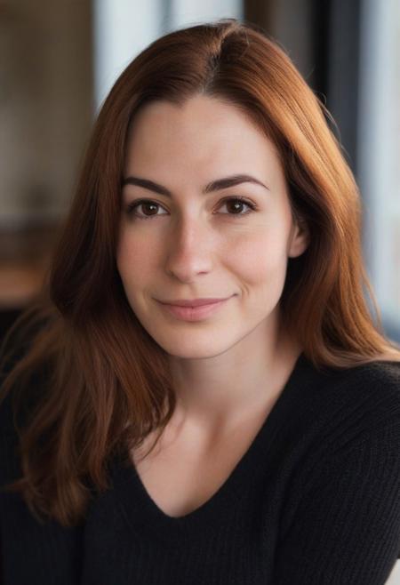 crooked nose, portrait, 28 year old woman, wide chin, big brown eyes, long auburn hair , wide nose, pores, natural skin, smirking, (leaning forward looking upwards), (strong eyebrows),  cleavage, open black pullover, (big cheekbones), cozy caffee