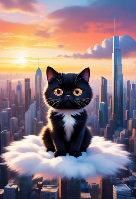 A captivating illustration masterpiece of a very funny ((cute cat)) with ( (((huge))) ((oversized)) ((manga-style eyes)):1.2), feline is gazing very longingly into the camera lens. The cat's fluffy fur contrasts with its sleek black attire, and it sits on a transparent cloud, as if levitating above the ground. The background showcases a vibrant cityscape with towering skyscrapers and a dramatic sunset, creating a delightful mix of urban and whimsical elements, from above