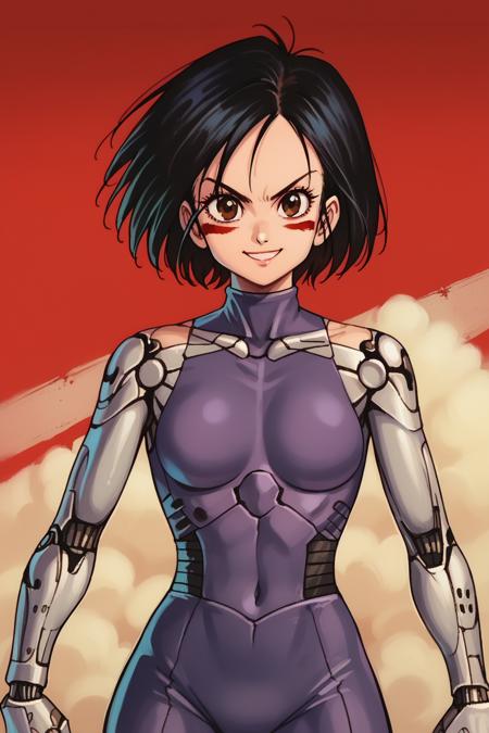  alita, battle angel alita, cyborg, mechanical arms, smile, bodysuit, red facial marks, black hair, short hair