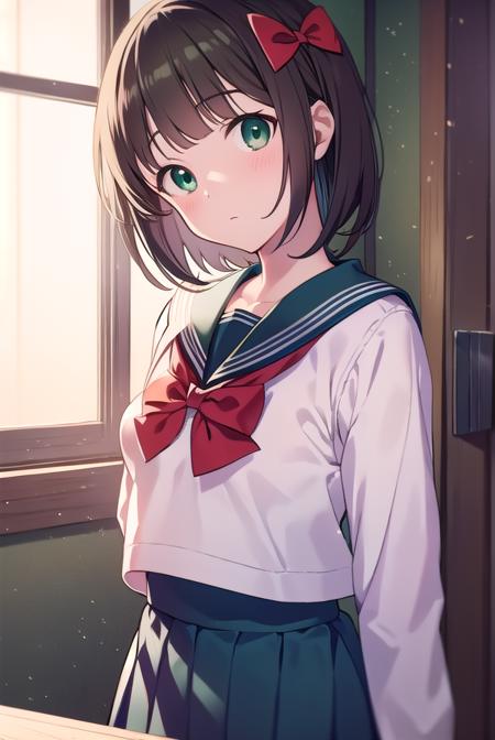 harukaamami, <lora:harukaamamitest:1>,
haruka amami, brown hair, (green eyes:1.5), short hair, (hair bow:1.5), hair ribbon, bangs, blunt bangs, (small breast:1.2),
BREAK bag, bow, school uniform, serafuku, skirt, sweater, long sleeves, red bow, blue skirt, grey sweater,
BREAK looking at viewer,
BREAK indoors, classroom,
BREAK <lora:GoodHands-vanilla:1>, (masterpiece:1.2), best quality, high resolution, unity 8k wallpaper, (illustration:0.8), (beautiful detailed eyes:1.6), extremely detailed face, perfect lighting, extremely detailed CG, (perfect hands, perfect anatomy),