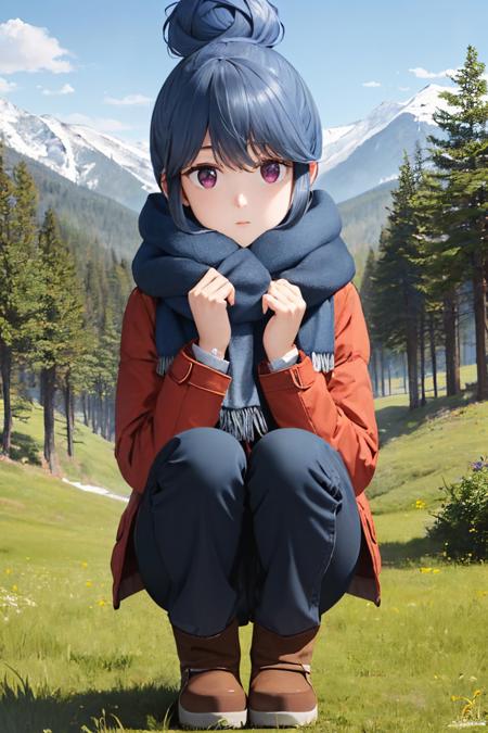 (masterpiece, best quality:1.2), <lyco:yurucamp_shima-10:1.0>, solo, 1girl, shima rin, expressionless, closed mouth, looking at viewer, squatting, single hair bun, winter clothes, coat, pants, boots, scarf, night, star \(sky\), forest, grass, hiking tent