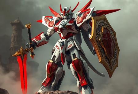 "Exquisitely detailed Damage Mage robot stands poised for battle against a Altar of Mist background, showcasing a predominantly white body adorned with accents of red and gold. The robot's arms and legs are a striking combination of red and gold, with a sword in its right hand and a shield in its left. The image presents a highly detailed and colorful details of a robot, ready for action in 4K, exceptional quality, and vivid emotions. (Trending on Artstation, James Gurney-inspired color balance and lighting)"