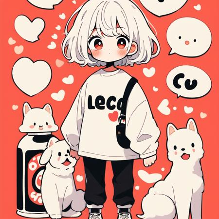 masterpiece, best quality
cute doodle, 1girl, black pants, white hair, solo, short hair, shirt, long sleeves, pants, shoes, white footwear, heart, white shirt, red eyes, bottle, dog, print shirt, blush, full body, standing, looking at viewer, speech bubble <lora:Cutedoodle_SD15-000008:0.65>