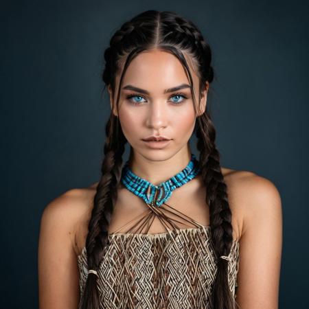 beautiful lady, pursed lips, blue hazel eyes, dark hair, native braids, dark makeup, mole left cheek, hyperdetailed photography, soft light, full body portrait, cover