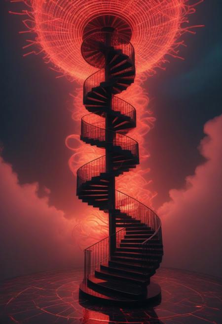 An enormous spiral staircase made of tiny neon glass filaments ascends into a stormy, blood-red sky filled with fragmented memories that scream and writhe. At the center, a figure with no discernible face dissolves into a swarm of black insects that reform and disintegrate with each step. The stairs crack and reform beneath their feet, each ripple sending shockwaves through the memories. The surreal scene now embodies a descent into madness, with chaotic visuals and unnerving, glowing accents. w0gf1l