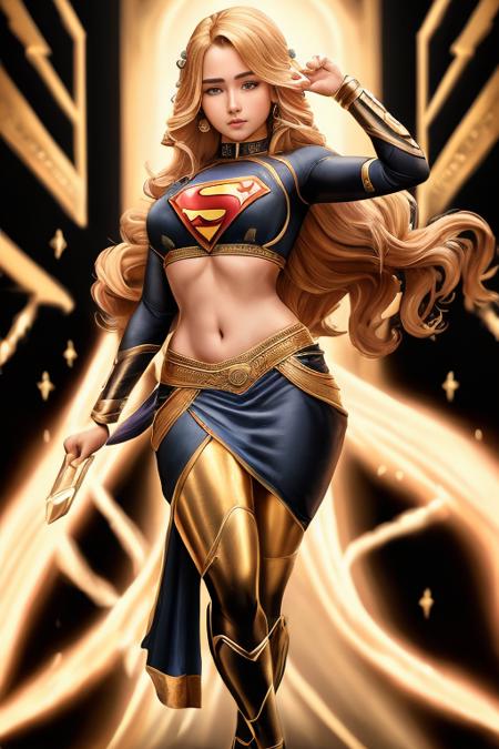 tanjoreAI <lora:tanjoreAI-000005:1> Kathryn Love Newton:0.6, 1girl, solo, very long hair, black eyes, dynamic pose, masterpiece, absurdres, perfect anatomy, Superman's uniform:1.1, Moderate hips, cinematic lighting, 8k, best quality,bust body ,(sari)