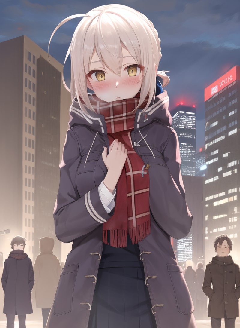 masterpiece, best quality, MHXA, (classical outfit), plaid scarf, coat, calm, patient, city center, <lora:MHXA_REMAKE-20:0...