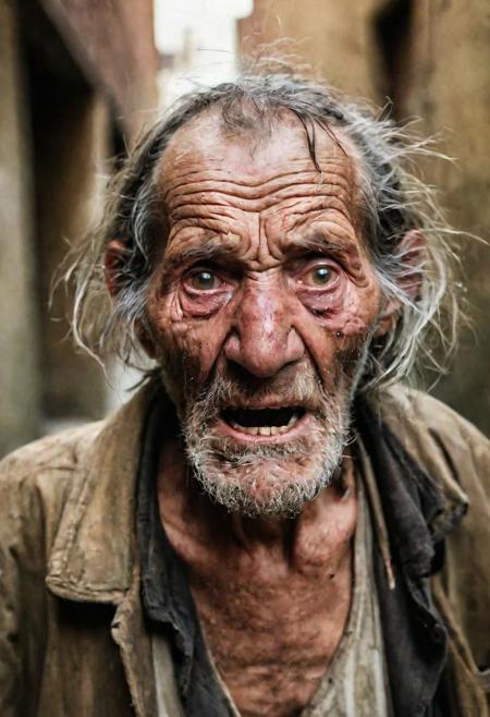 portrait of very old,(150 years old),poor,homeless,tired,man,toothless,open mouth,(intense stare:1.3),in a dirty alley,(headshot:1.2),(face focus:1.1),(facing the camera:1.2),head in the center,slight smile but sad,(facing straightforward:1.2),(forward facing:1.1),face,Head,Head focus,Head tilted down,bokeh,f1.4,40mm,photorealistic,raw,8k,skin pores,dried-up,textured skin,intricate details,dramatic light,award winning,style by Dan Winters,RAW photography,film grain,(indistinguishable from reality:1.4),photo taken with a Bolex H16,