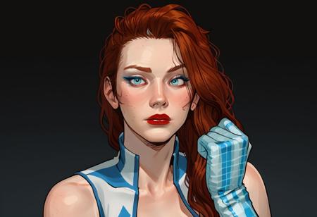 porcelain skin, light freckles, ice blue eyes, blue eyeshadow, rosy blush, dark red lipstick, voluminous wavy auburn hair, side-swept bangs, tousled layers, long hair, textured ends \(hair\),  3d render, h_lassie,  blue and white bodysuit, deep v-neckline, high-cut legs, blue gloves, blue thigh-high boots with plaid tops, 