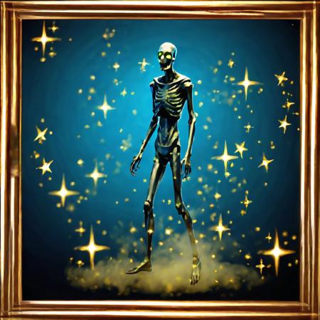 Black to purpure gradient background, side view, full body, no human, zombie moving, azure fog, golden frame, golden stars, magic, casting spell