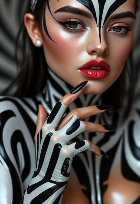 1girl, 26 years old, shining skin, perfect quality, high quality, 
ambient occlusion, raytracing, source_anime, shining glossy skin, close up woman in a black and white striped bodysuit, zebra op art, long black stiletto nails, trending on artstation op art, fullbody art, fullbody painting, like artgerm, zentai suit, illusion psychedelic art, an optical illusion drawing, surreal drawing, optical illusion art, illusion surreal art, art on instagram, Byron Galvez
.score_9, score_8_up, score_7_up,score_6_up, rating_safe