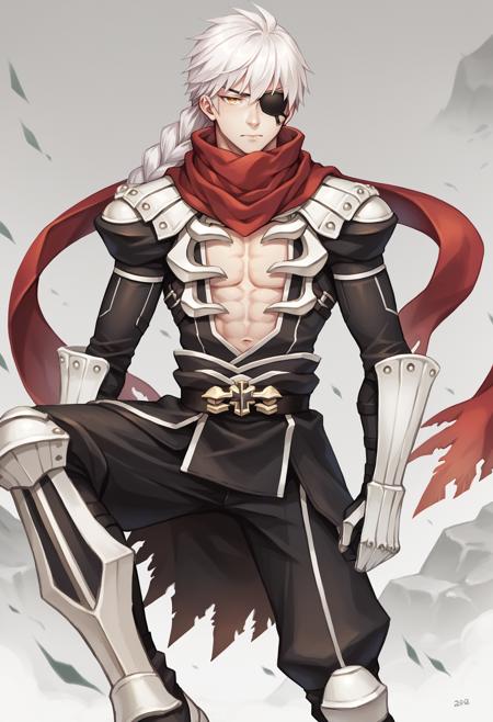 assassincross-ro, scarf, shoulder armor, red scarf, open shirt, gauntlets, vambraces, boots, black clothes, white armor, 