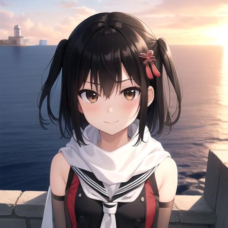 ((masterpiece)),(best quality),official art,extremely detailed CG,unity 8k wallpaper,ultra detailed,A lighthouse on a cliff by the sea,1girl,solo,upper body,(portrait:1.2),smile,white_scarf,two_side_up,fingerless_gloves,brown_eyes,bangs,elbow_gloves,double-breasted,thighhighs,hair_ornament,looking_at_viewer,black_skirt,black_hair,school_uniform,buttons,serafuku,short_hair,brown_hair,pleated_skirt,blush,hair_between_eyes,sash,asymmetrical_legwear,black_gloves,v-shaped_eyebrows,black_neckerchief,<lora:Sendai(kan)>,