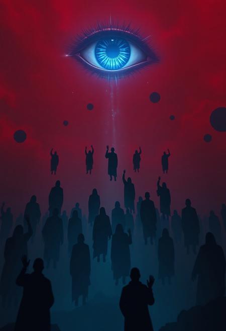 "In a canvas of deep, blood-red twilight, a coterie of shadowy silhouettes floated upwards, their dark, amorphous forms suspended in mid-air like specters, their faces tilted upwards in rapt attention towards a glowing, ethereal eye that gazed down from the heavens. The eye, a burning, sapphire-blue orb, pulsed with an otherworldly energy, its gaze drawing the shadowy figures upwards like moths to a flame. As they rose, their silhouettes began to blur and merge, becoming one with the surrounding shadows, while the eye watched, unblinking, its radiance casting an eerie, supernatural glow across the darkened landscape, imbuing the scene with an aura of mystic, unsettling allure." highest-Quality, intricate details, visually stunning, Masterpiece