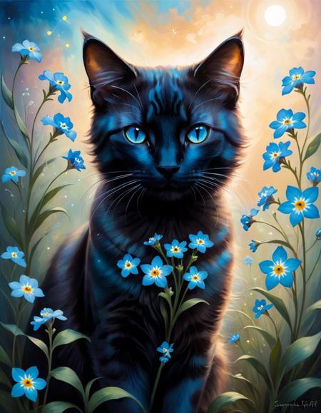 Surrealist art <lora:FF.83.sdxlNuclearGeneralPurposeSemi_v10.lora:1> beautiful painting of a cat and a forget-me-not flower, in styles of Samantha Keely Smith and Ryan Hewett, creatures, digital, dream-like, ethereal, fantasy, magic-realism, mysterious, surreal, Expressionism, contemporary, Dream-like, Loneliness . Dreamlike, mysterious, provocative, symbolic, intricate, detailed