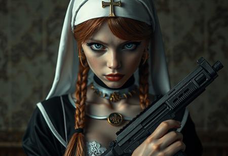 (ultra realistic 8k cg, raw photo:1.0), (photorealistic:0.5), (best (full-body portrait +.1.6)))) quality:1.3), (masterpiece:1.3), ((((ultra-realistic details, extremely details, sharp focus, high res, (((far shot, wide shot, vanishing point))), 1girl, (disgust:1.2, shaded face, glare, sadist, shadow fullbody portraitover eyes, glaring, looking down at the viewer:1.3), (conservative), ((wear sexy nu mini skirt)), (black dog collar with spikes), (black fishnet strap stockings, black  shirt, (white decoration white lingerie sexy lace, red lips, (black luxury high heels makeup, picture-perfect detail face, highly detailed eyes, (blue eyes), ((looking at the viewer)), ginger hair, long twin braids, nun headwear with the cross of Jesus emblem, sexy n7n 8s armed with a katana sword and uzi submachine gun, both with ca5holics insignia emblems in golden color