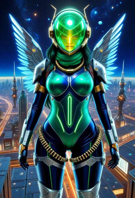 score_9,score_8_up,score_7_up,score_6_up,score_5_up,1girl, front_view,symmetrical,dark blue bodysuit,gun made of gear, curvy,source_anime,my hero academia,nejire hado,emerald green bracalets,spiral bracalets,silver gauntlets,silver boots, print blue bodysuit,sci-fi,cyberpunk,city,rooftop,skyscrapers, electric towers,floating,flying rocks,falling rocks,(soda cans), destroyed machines,cables,flying TV,multicolored silver and green (helmet),straps,print sutures,spiral horns,gold choker, holding green orb,gun case,(bullet belt),(orbs:1.4),pale skin,(green scarf),(bandana mask),(armored shoulders),armored breastplate,(neon lights),(print neon lines),(wide hips),thick thighs,thick legs,(hand signs),(perfect hands),rings,(motion lines:1.4),(sweat),(huracane),(??),(trembling lines:1.4),(flying sweatdrops:1.4),illustration,(black outline),(black sclera:1.4), masterpiece,best quality,newest,source_game,(best shadow), highly detailed background,very detailed skin,very detailed clothes,covered in spikes and silver circuit wire,wings,flying over the city,blue orb,CosmicStyle,cosmic dust storms in the distance,Space heist,high tech gadgets,Alien thieves,Robotic security,holographic maps,glowing neon lights,galactic vault, galactic museum,futuristic technology,sleek spacesuits,lights and shadows,high stakes,high contrast,cyberpunk,(long hair), holograms,glowing orbs,Intergalactic artifacts,control panels, steel surfaces,reflective visors,security systems,shimmering stars,space setting,robot