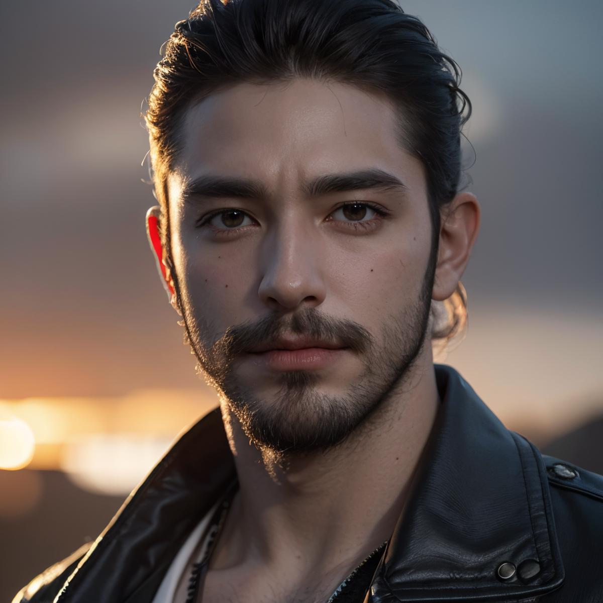 Best quality, masterpiece, ultra high res, (photorealistic:1.4), (male:1.2), facial hair, dramatic lighting, sunset, shiny...