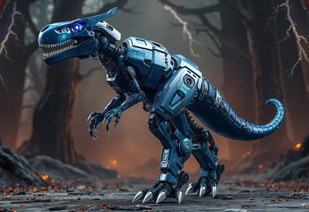 A epic detailed,full body, dynamic render of an epic cyber T-Rex robot standing out against a Labyrinth of Kline background. Featured on Amiami, this rugged ranger variant boasts a glamorous profile pose, with one side disassembled to showcase intricate inner workings. The robot's vibrant blue-indigo color palette, accented with thunder and lightning motifs, creates a captivating contrast against the matte painting backdrop. Opt for a 4K, high-resolution, exceptionally detailed image with vivid emotions, sharp lines, and harmonious colors. Utilize advanced rendering techniques like Octane, Unreal Engine 5, and Houdini to emphasize the robot's lifelike features and textures. Ideal for CGSociety, ArtStation trending, or a stunning avatar image.