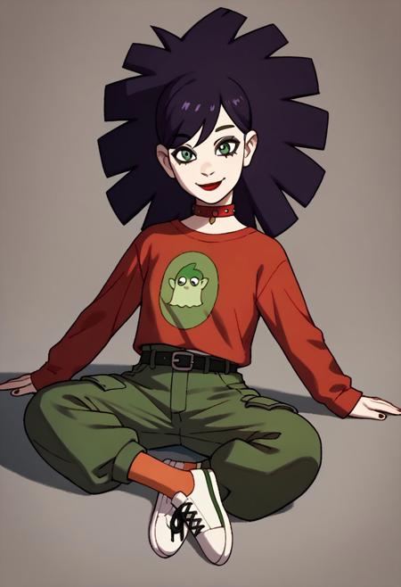 JaniceCS, dark purple hair, green eyes, pale skin, black eyeliner, red lipstick red spike choker red long-sleeve shirt with green-circle-ghost-logo black belt, buckle, green cargo shorts orange stockings black white shoes <lora:JaniceCS:1>