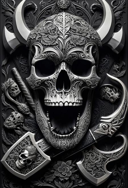 hygendy skull and axe , in the style of dan mumford, tristan eaton, hybrid creature compositions, uhd image, cobra, symbolic overload, realistic hyper-detail , black white color scheme, background black solid color ,strong high-contrast shading, whiplash line, inthe style of heavy metal embroidery , anton fadeev , grisaille,, ((black background)) <lora:last:1>,  <lora:add_detail:1> . Dreamlike, mysterious, provocative, symbolic, intricate, detailed