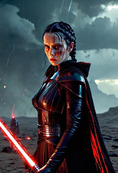 A beautiful Dark Sith lord with braided black hair stands defiantly amidst a raging storm on a desolate battlefield. Her Sith robe are intricately detailed and reflect the flickering light of distant fires, Star Wars style, The light of battle illuminates her determined expression as she prepares to face the dark enemy, holding the Red Lightsaber in his hand, Close up. Star Wars art style, Standing on a battlefield at the head of an army of Dark Siths, where a bloody slaughter is taking place, (standing in battle pose: 1.3), cinematic lightning, intricately detailed black and red Sith robe, The scene is reminiscent of a Greg Rutkowski concept art piece, realistic pale freckled face covered in blood, with dramatic lighting and a dark, curvy, looking at viewer, gritty atmosphere, Ultra-detailed, Raytracing reflections, High contrast, beautiful Dark Sith lord, beautiful firm body, girl athletic figure, (the pale face is very similar to Wednesday: 1.6), oranges, and greens, attractive 21 years old woman, cinematic lightning, Cinematic film still, Medium shot. Best quality, Masterpiece, The scene is reminiscent of a Greg Rutkowski concept art piece, realistic pale freckled face covered in blood, with dramatic lighting and a dark, gritty atmosphere, asymmetrical balance