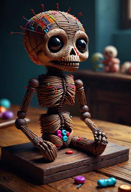score_9, score_8_up,score_7_up, score_6_up, score_5_up, score_4_up, a voodoo doll sitting on top of a wooden table, by Beeple, zbrush central contest winner, digital art, everything is made of candy, stitches, dan mumford tom bagshaw, singularity sculpted �ー etsy