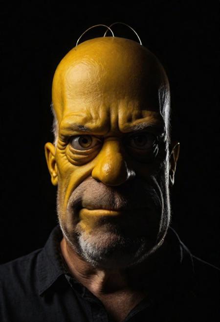 Close-up, (Homer Simpson ), grim smile, relaxed pose, portrait movie shot, serious, menacing, chiaroscuro style photo, dark background, minimalism, dramatic lighting, professional quality, dull highlights and shadows, natural and   original, laser eyes