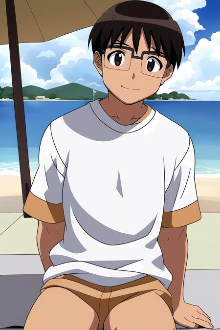 <lora:love-hina-keitaro-urashima:1> keitaro urashima, white tshirt, brown short, sitting in a deckchair under an umbrella on the beach, full body shot, looking at viewer, see in background, coconut tree on the beach, beautiful face, highly detailled eyes, masterpiece, absurdres