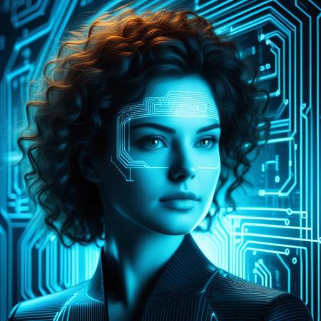 a curly-haired woman with a face of glowing black laser computer circuit lines
(Professional photography, tilt-shift lens,  high resolution:0.9)
