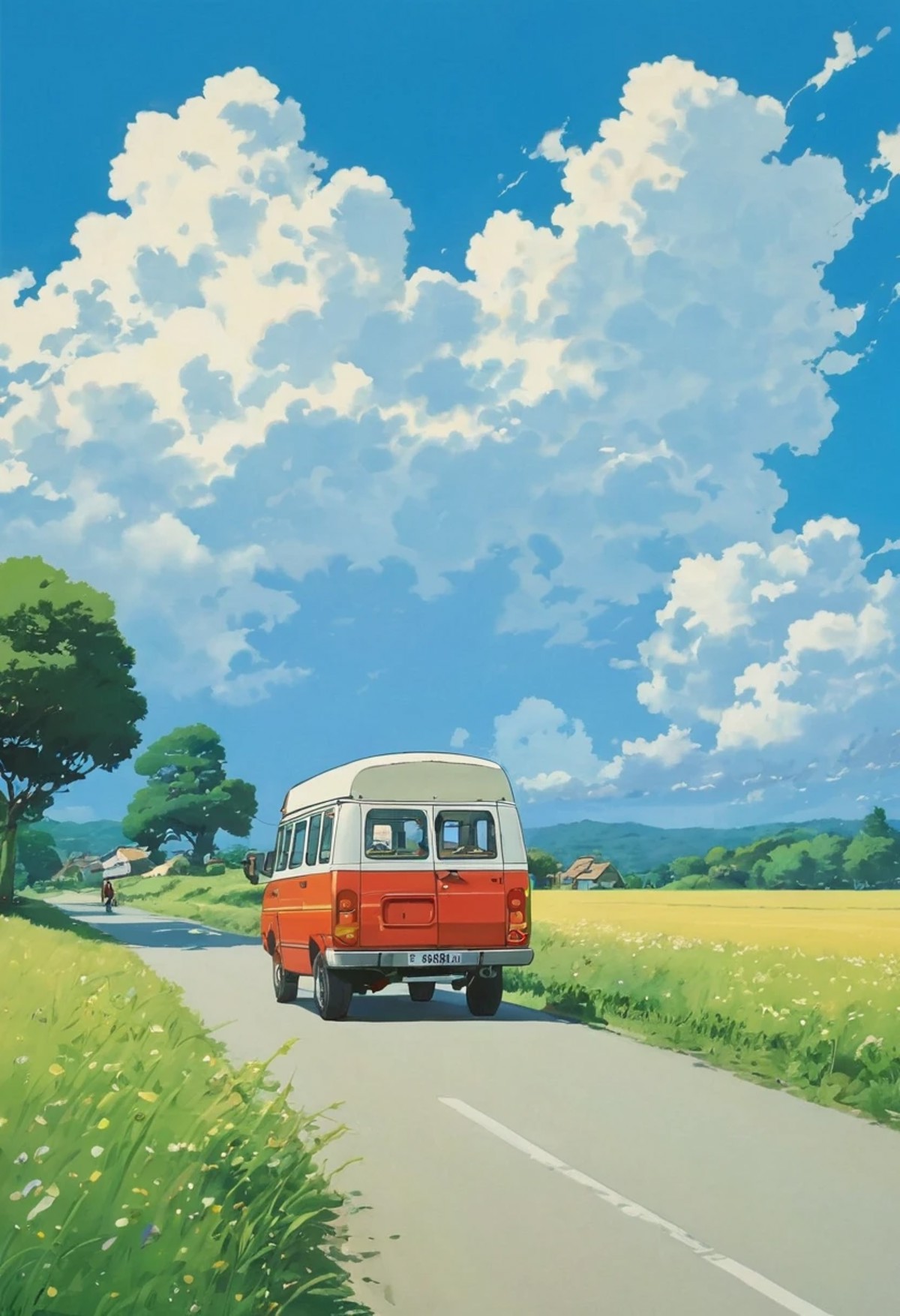 A sunny day under a blue sky dotted with white clouds. A red van is seen journeying down a narrow road that cuts through lush green fields sprinkled with patches of yellow flowers. In the distance, rolling hills and a few scattered houses paint a serene rural setting. 