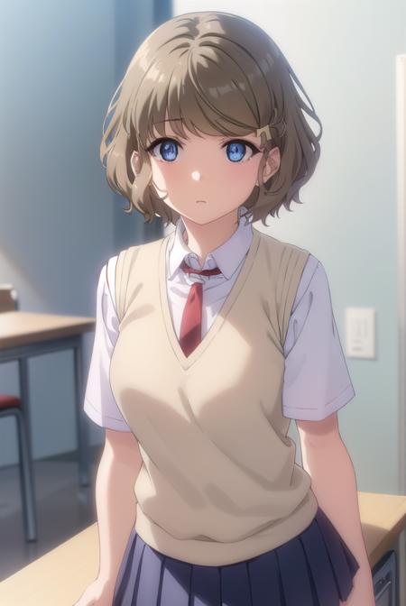 tomoekoga, <lora:tomoe koga s1-lora-nochekaiser:1>, 
tomoe koga, short hair, brown hair, blue eyes, hair clip,
BREAK skirt, shirt, school uniform, white shirt, short sleeves, pleated skirt, necktie, collared shirt, red necktie, sweater vest,
BREAK indoors, classroom,
BREAK looking at viewer, (cowboy shot:1.5),
BREAK <lyco:GoodHands-beta2:1>, (masterpiece:1.2), best quality, high resolution, unity 8k wallpaper, (illustration:0.8), (beautiful detailed eyes:1.6), extremely detailed face, perfect lighting, extremely detailed CG, (perfect hands, perfect anatomy),