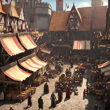 high-quality render in hwst artstyle of a busy medieval market place