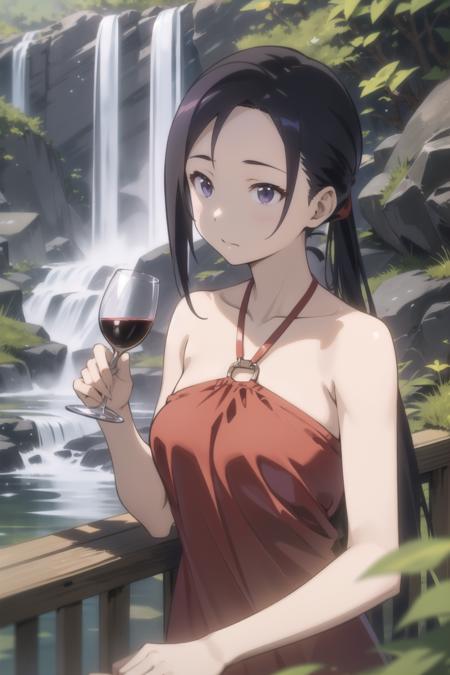 <lora:sato-000006:1> sato,
red dress, halterneck, bare shoulders,
1girl having a glass of wine while looking at a waterfall